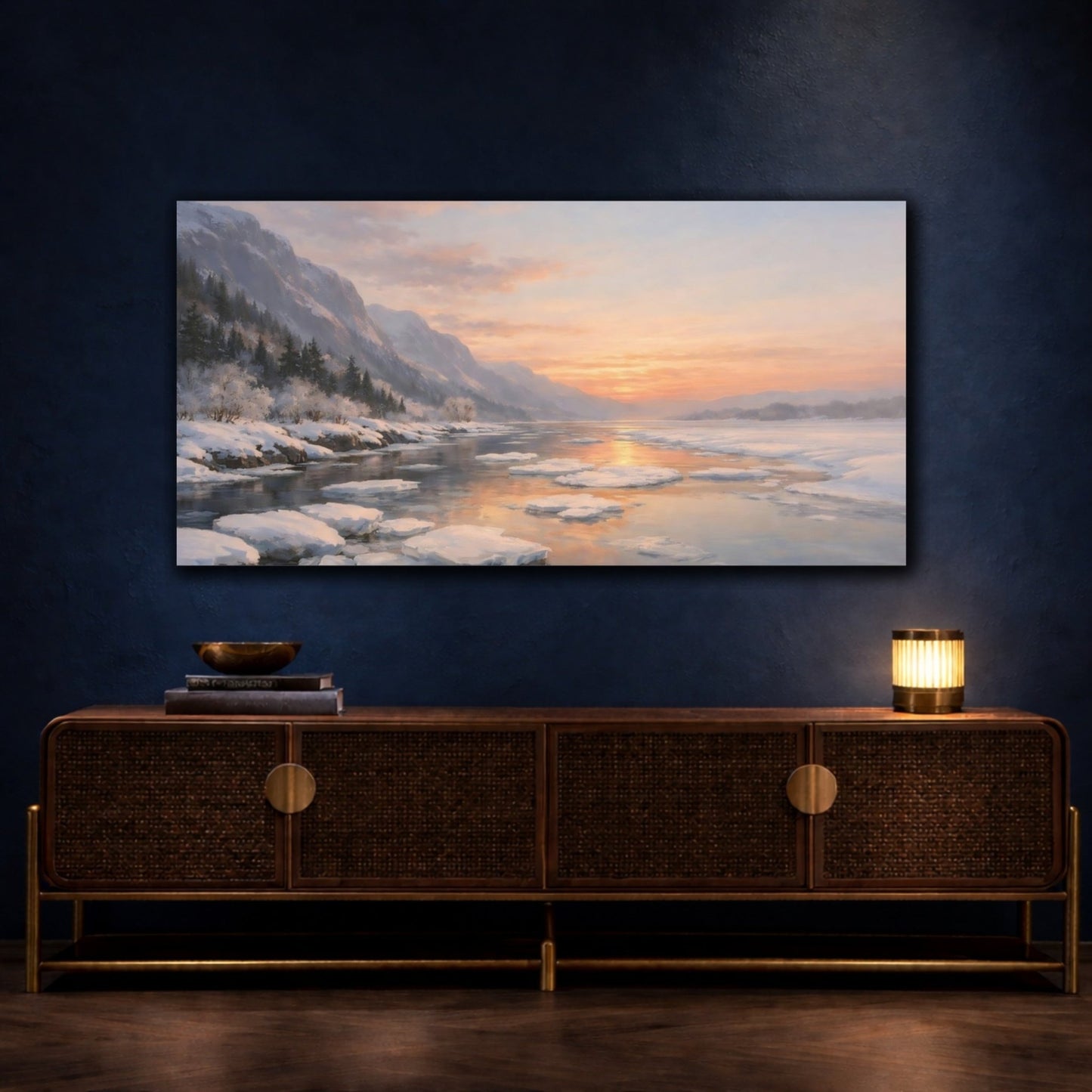 Nature Winter Landscape River Sunset - Canvas Wall Art Print - YesArtYes