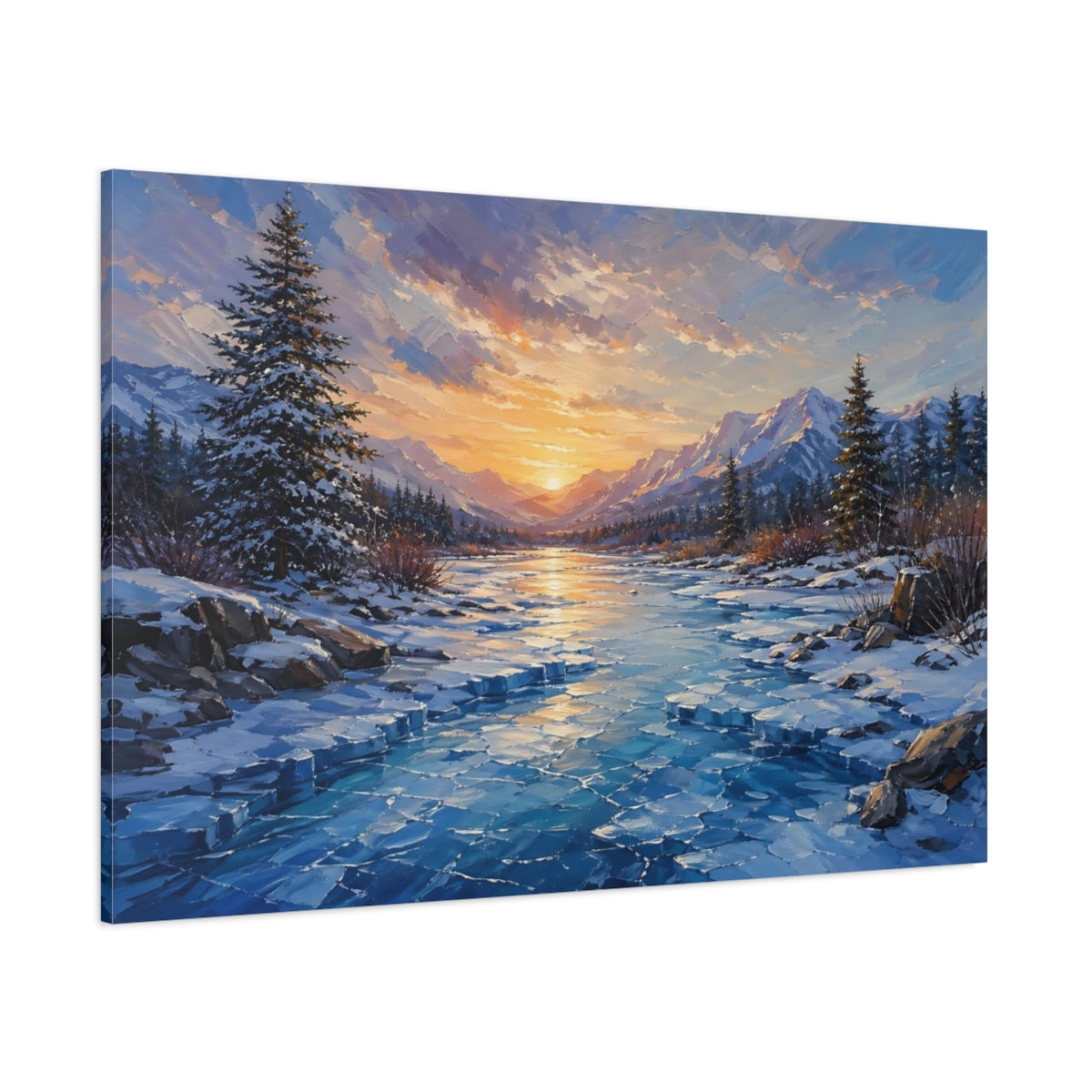 Side Mockup 1. Nature Winter Landscape Winter Sunset shown as stretched canvas wall art