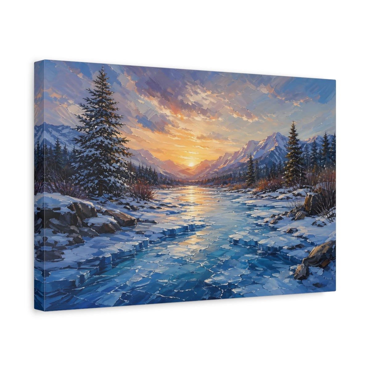 Side Mockup 4. Nature Winter Landscape Winter Sunset shown as stretched canvas wall art