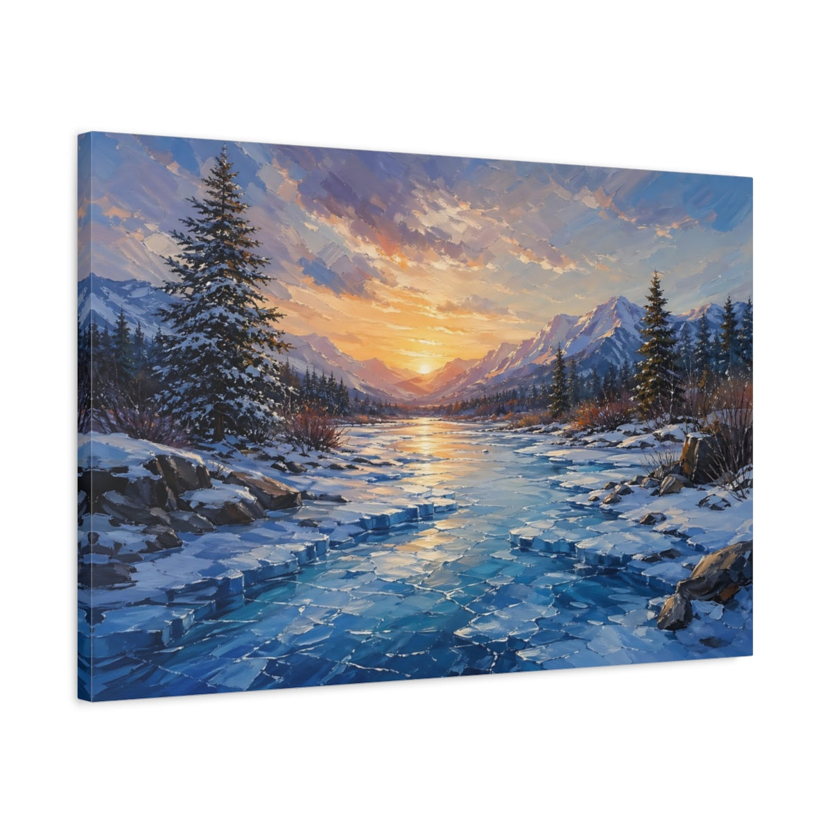 Side Mockup 2. Nature Winter Landscape Winter Sunset shown as stretched canvas wall art