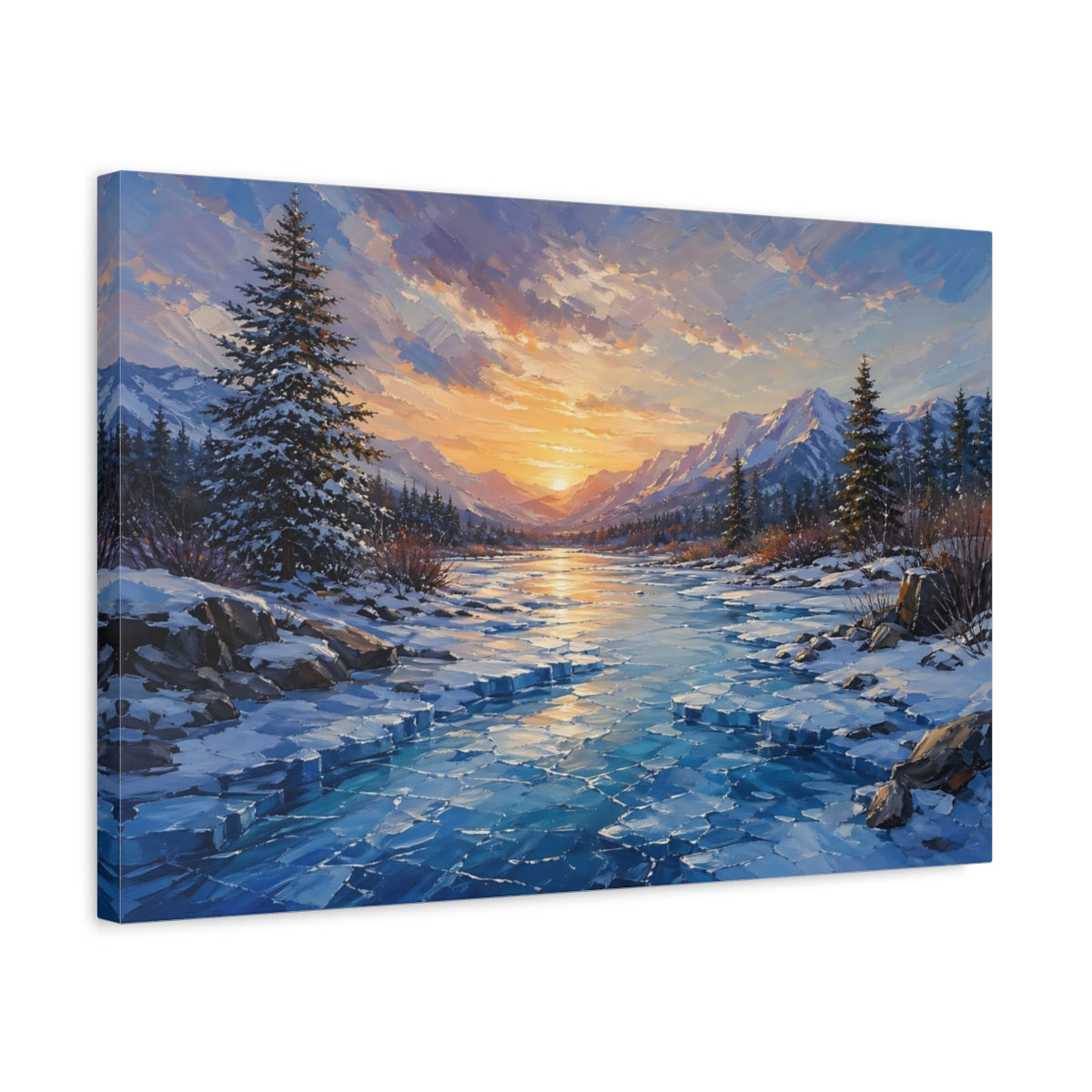 Side Mockup 3. Nature Winter Landscape Winter Sunset shown as stretched canvas wall art