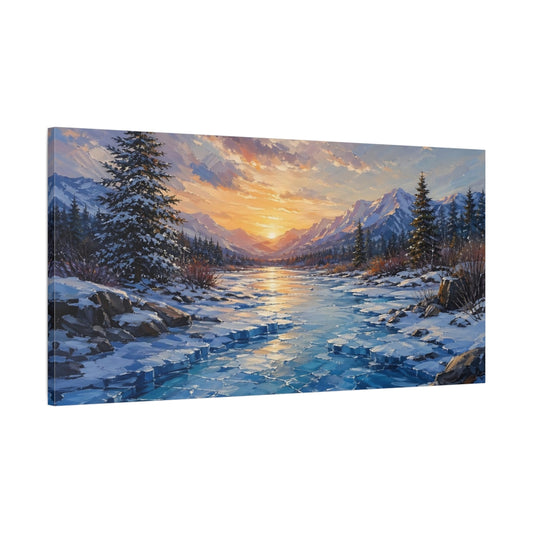 Main Mockup. Nature Winter Landscape Winter Mountains Sunset shown as stretched canvas wall art