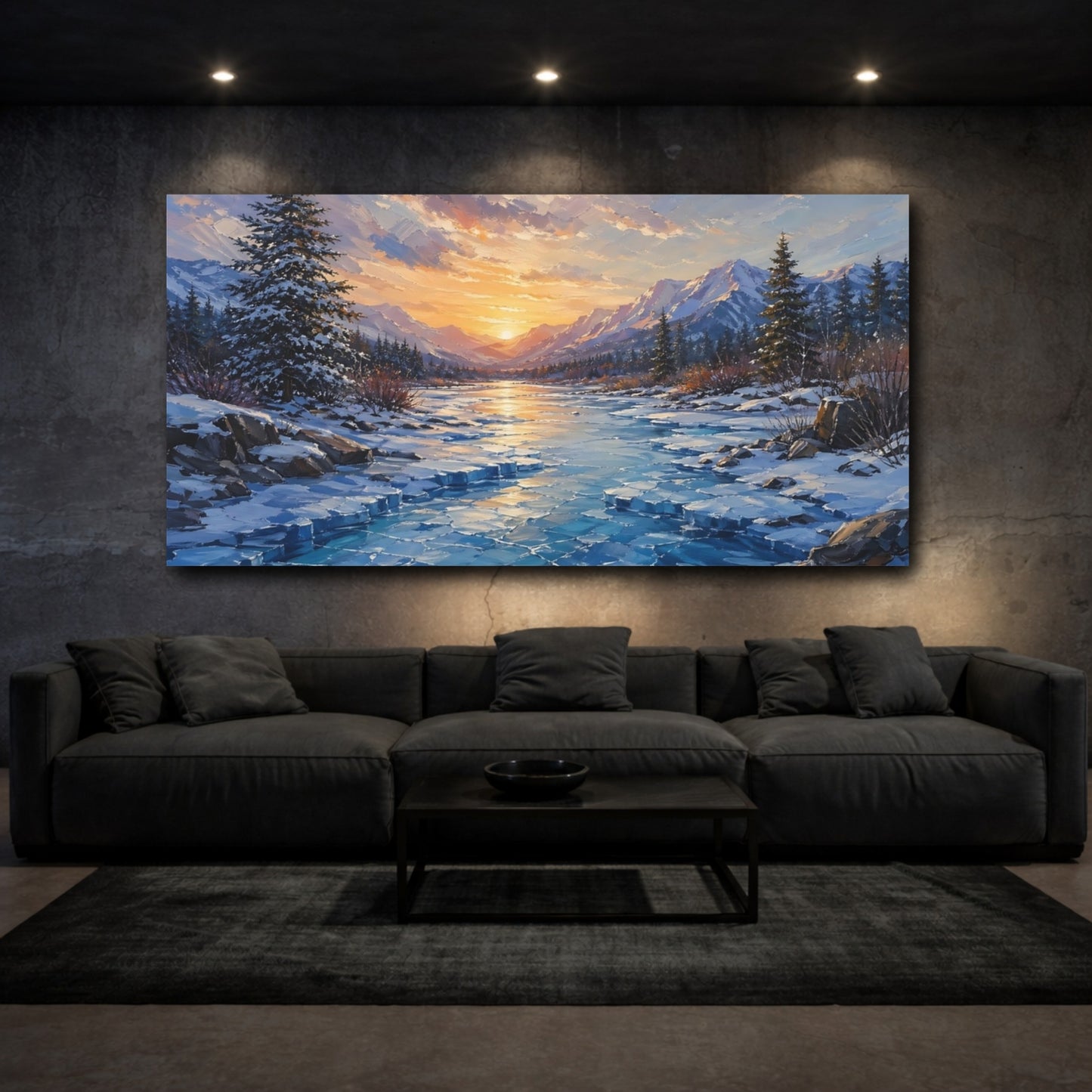 Mockup 2. Nature Winter Landscape Winter Mountains Sunset shown as stretched canvas wall art