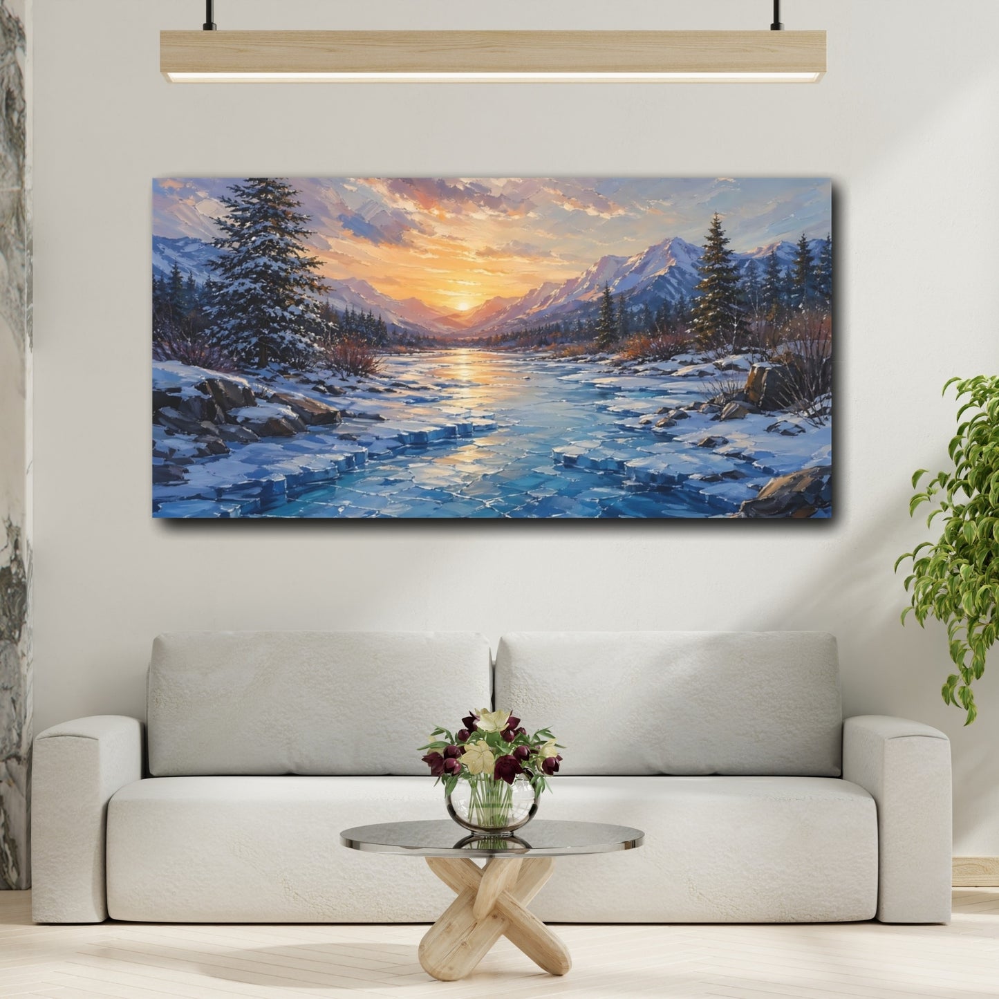 Mockup 3. Nature Winter Landscape Winter Mountains Sunset shown as stretched canvas wall art