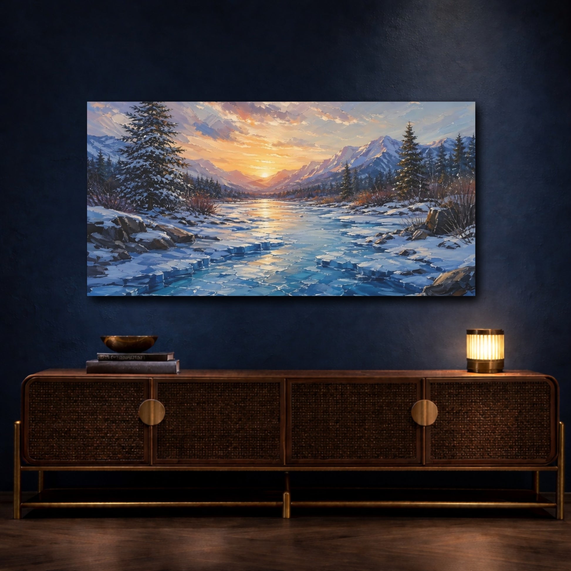 Mockup 4. Nature Winter Landscape Winter Mountains Sunset shown as stretched canvas wall art