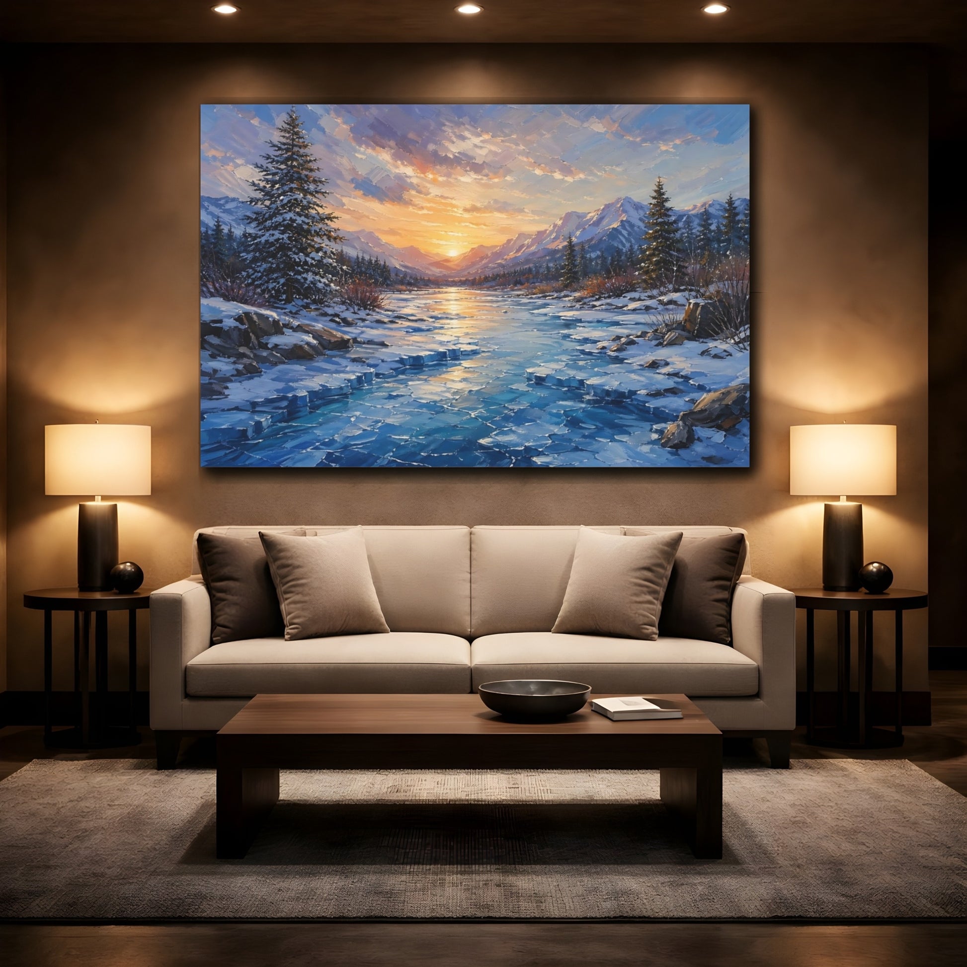 Mockup 2. Nature Winter Landscape Winter Sunset shown as stretched canvas wall art