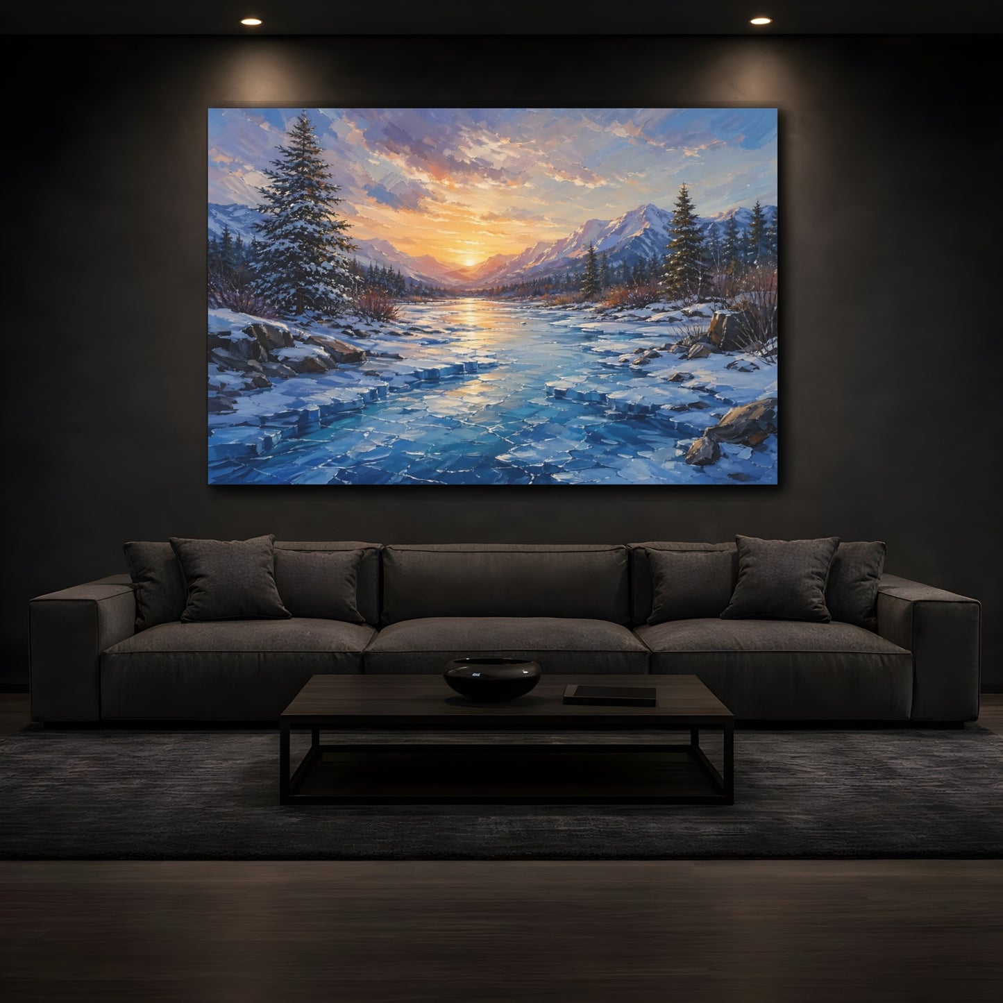 Mockup 3. Nature Winter Landscape Winter Sunset shown as stretched canvas wall art