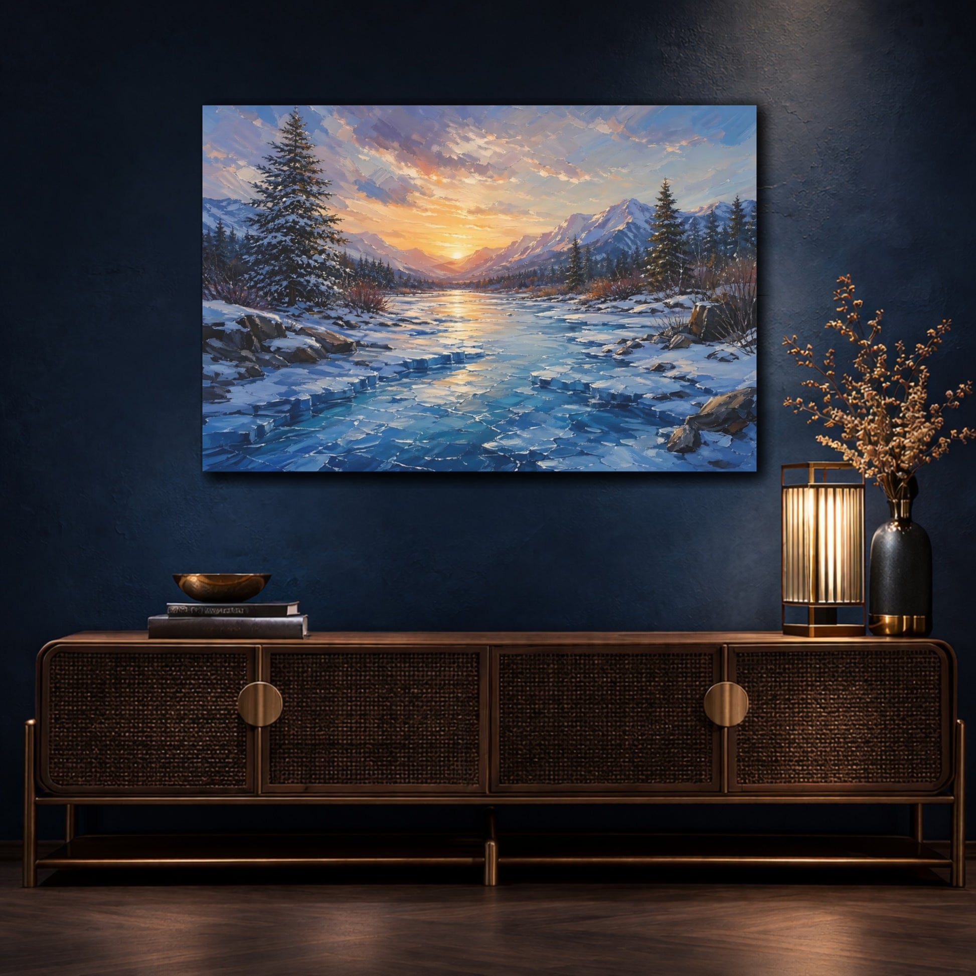 Mockup 4. Nature Winter Landscape Winter Sunset shown as stretched canvas wall art