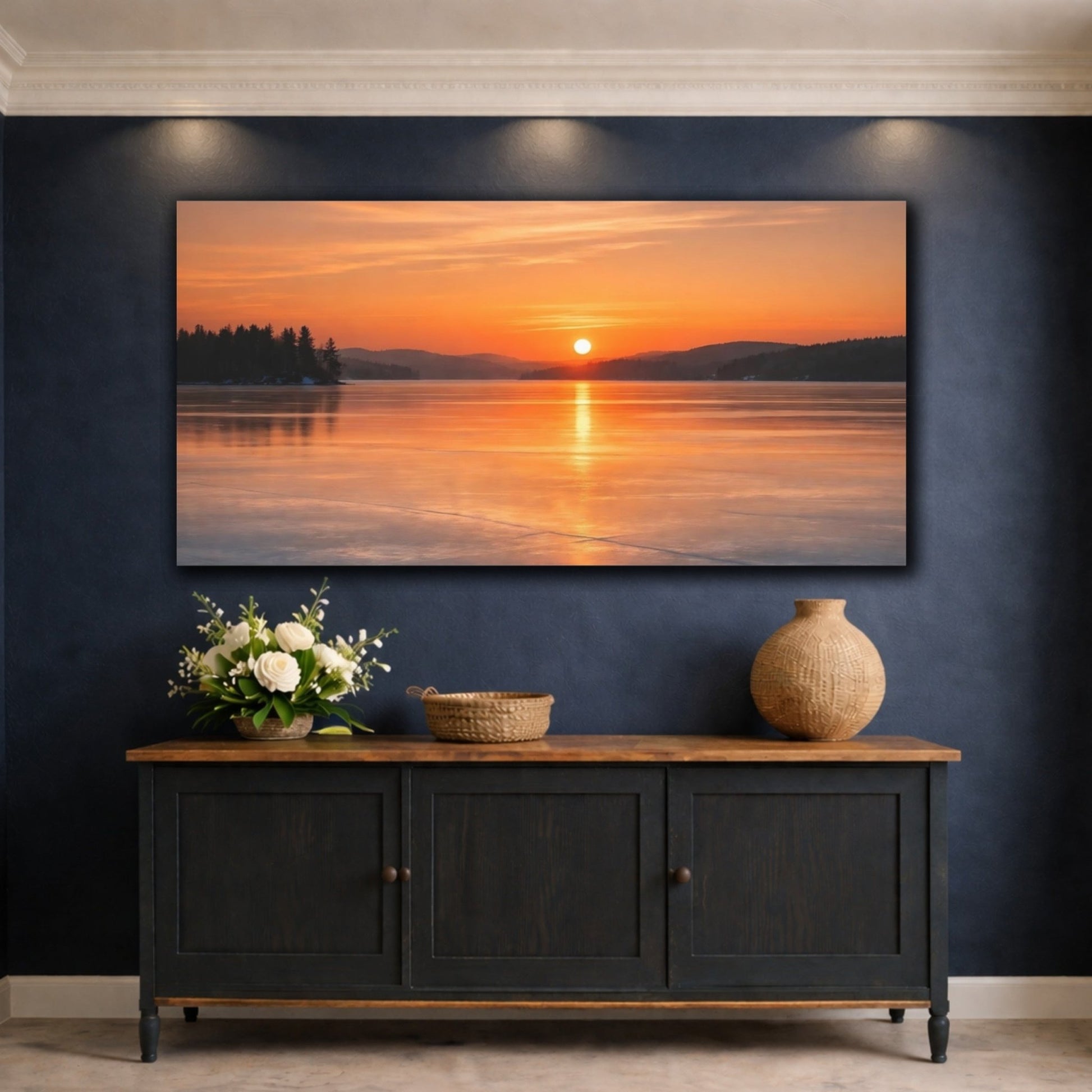 Nature Winter Sunset Orange Lake - Canvas Wall Art Print - YesArtYes