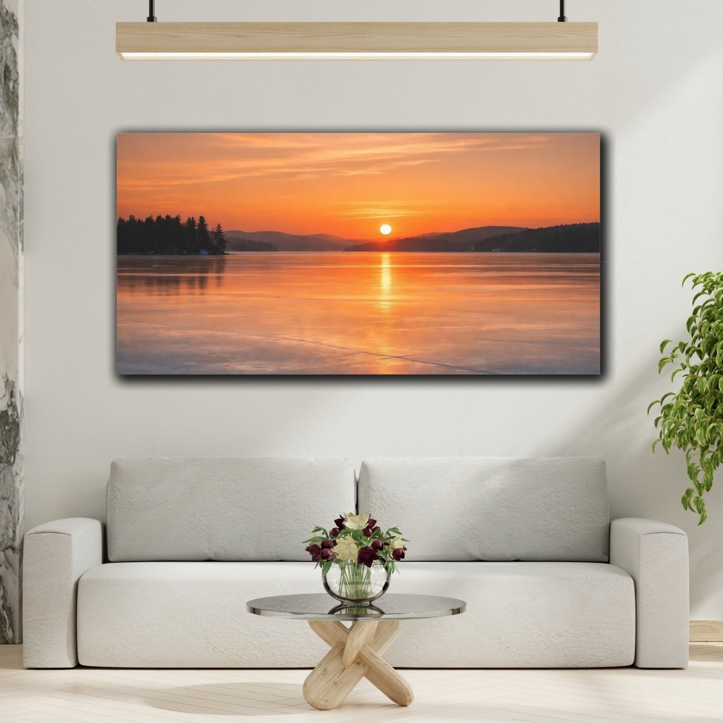 Nature Winter Sunset Orange Lake - Canvas Wall Art Print - YesArtYes