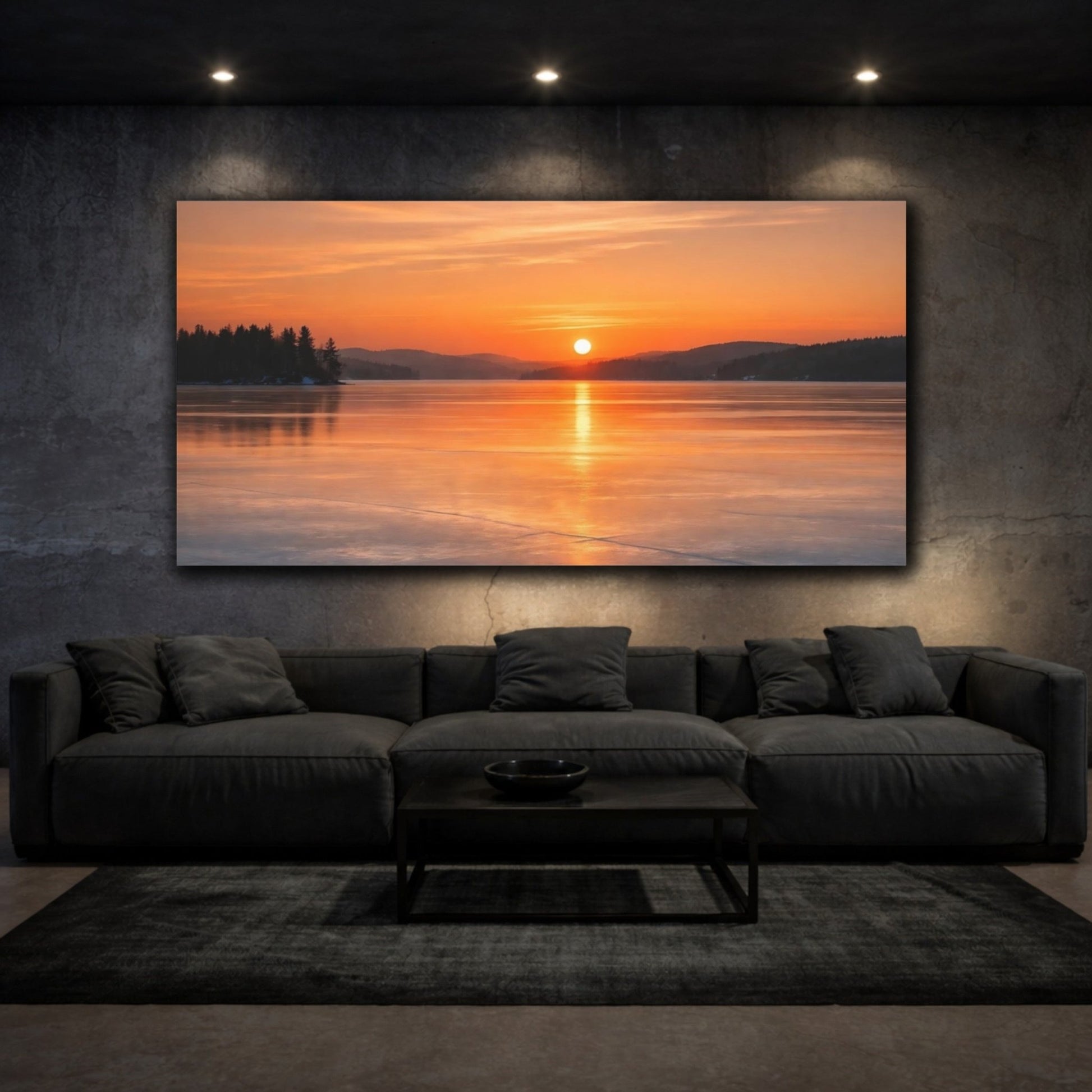 Nature Winter Sunset Orange Lake - Canvas Wall Art Print - YesArtYes