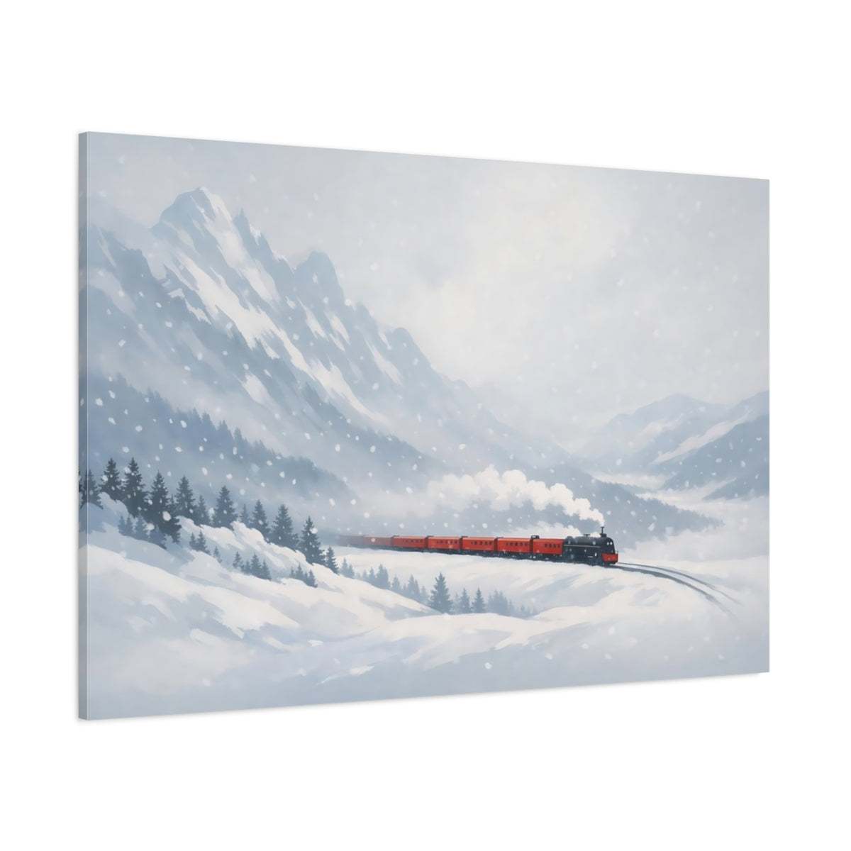 Side Mockup 1. Nature Winter Train Winter Train Scenic shown as stretched canvas wall art