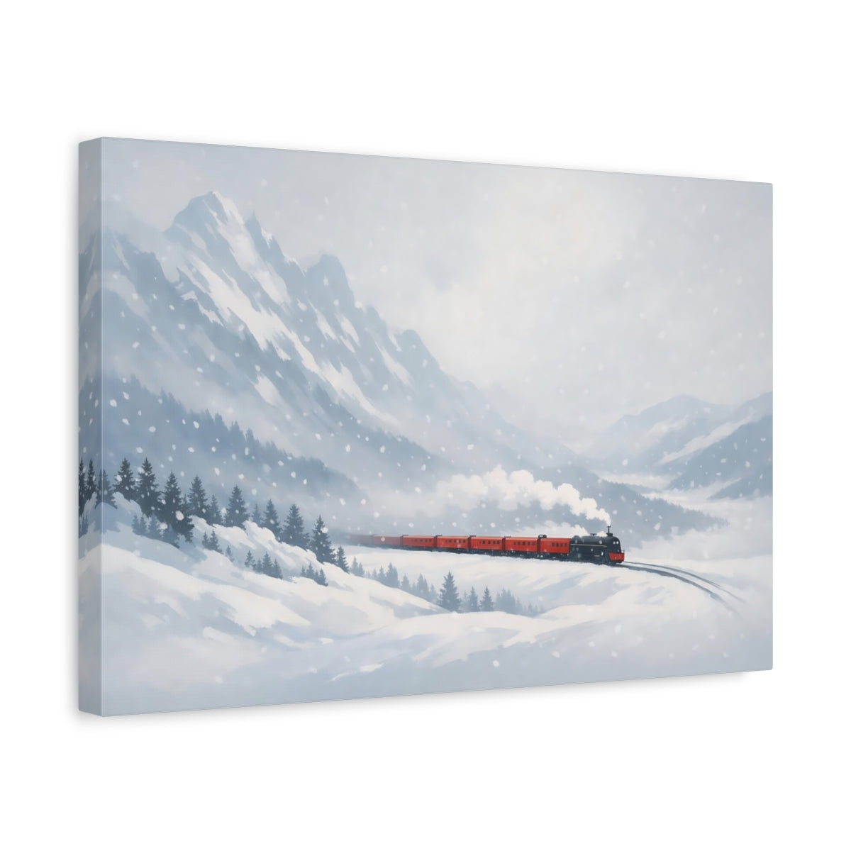 Side Mockup 4. Nature Winter Train Winter Train Scenic shown as stretched canvas wall art