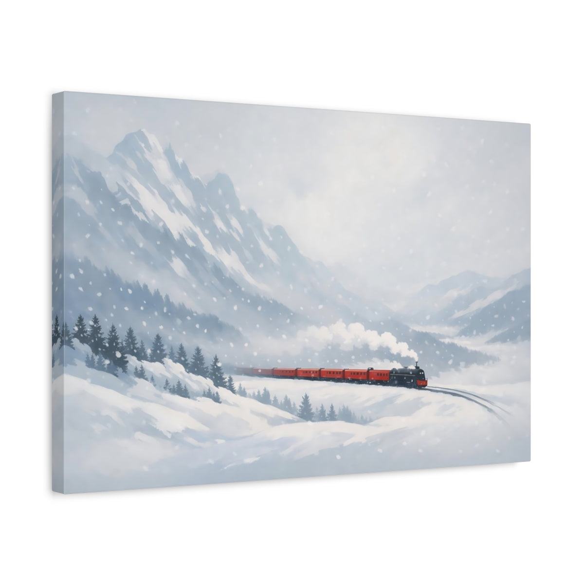 Side Mockup 3. Nature Winter Train Winter Train Scenic shown as stretched canvas wall art