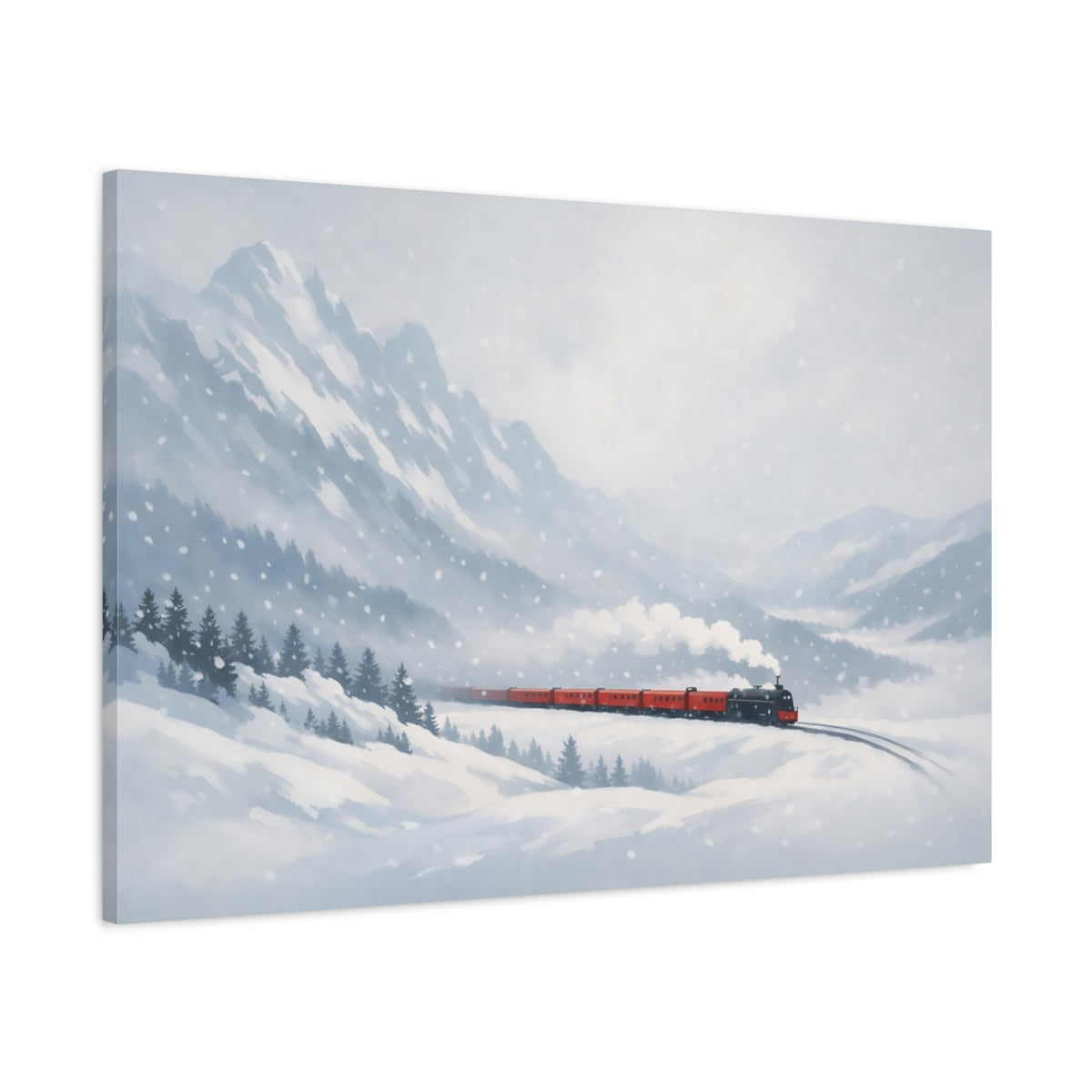 Main Mockup. Nature Winter Train Winter Train Scenic shown as stretched canvas wall art
