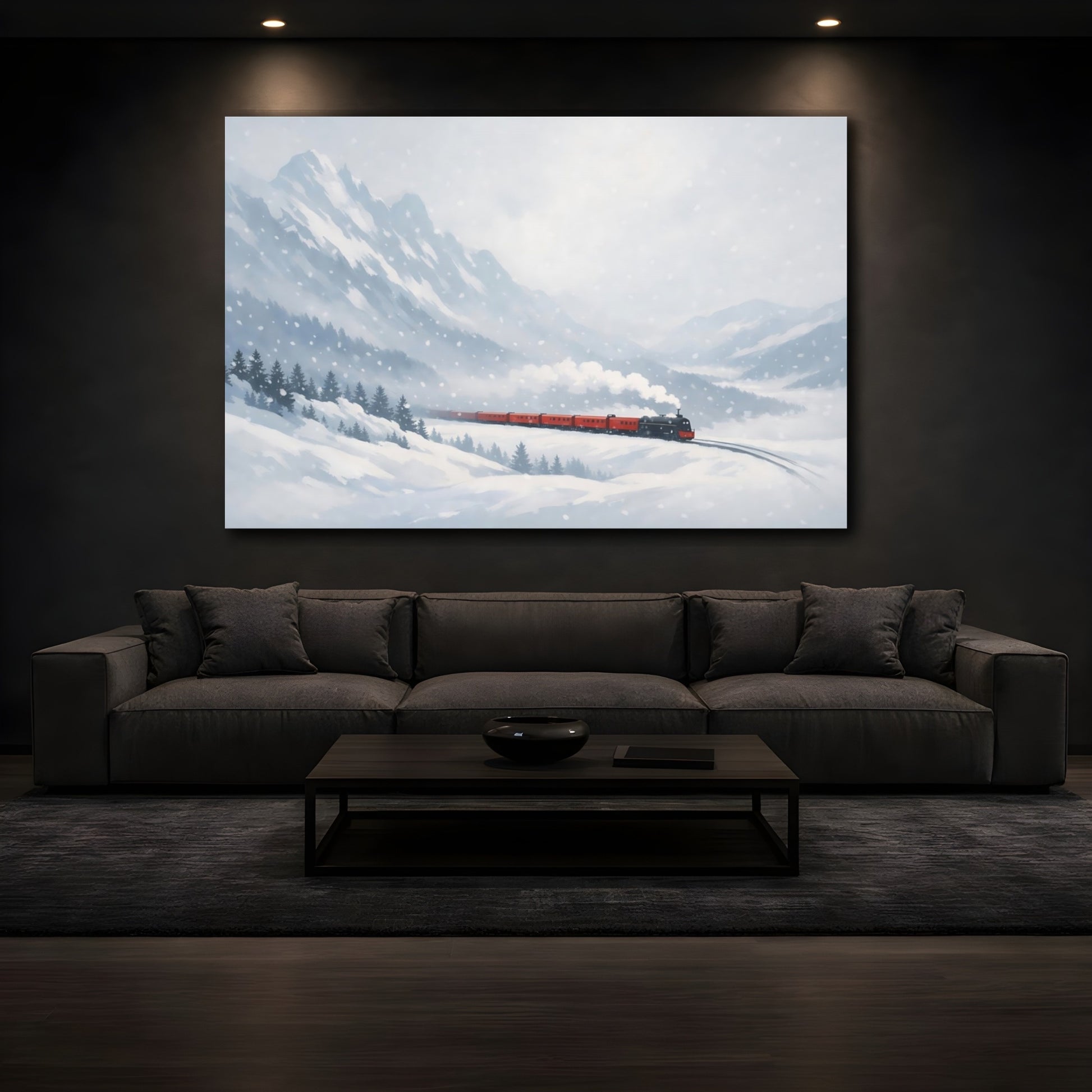 Mockup 2. Nature Winter Train Winter Train Scenic shown as stretched canvas wall art