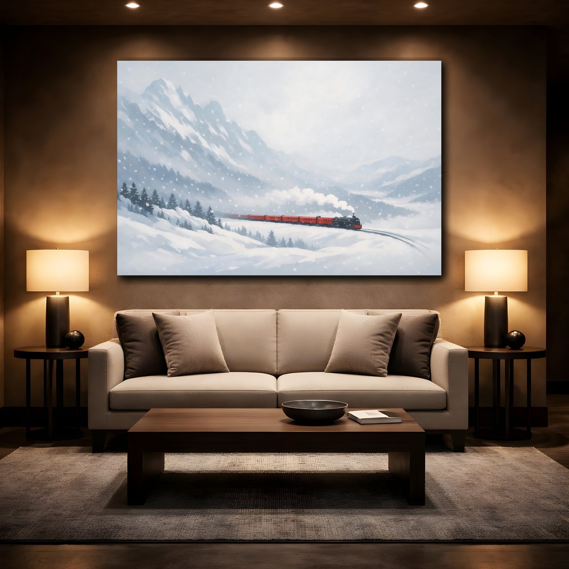 Mockup 3. Nature Winter Train Winter Train Scenic shown as stretched canvas wall art