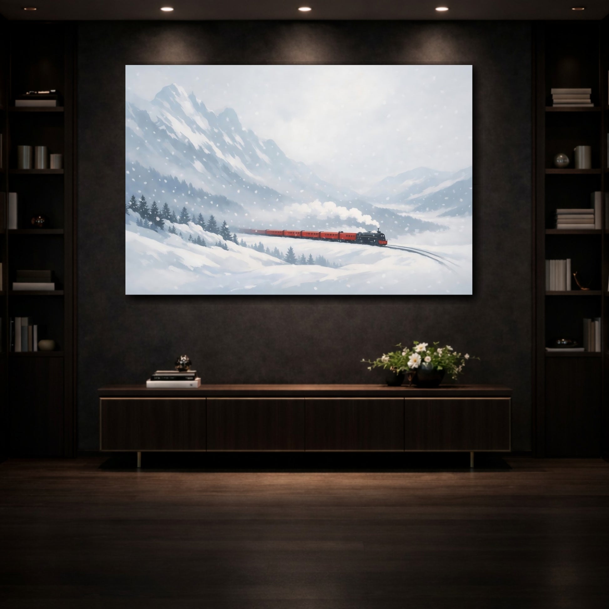 Mockup 4. Nature Winter Train Winter Train Scenic shown as stretched canvas wall art