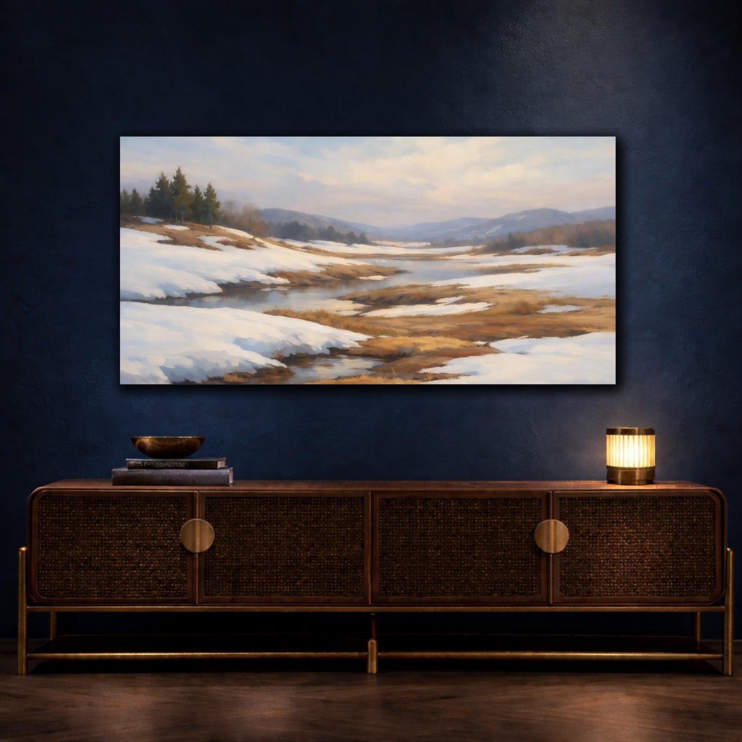 Mockup 4. Nature Winter Valley Snowy River Valley shown as stretched canvas wall art