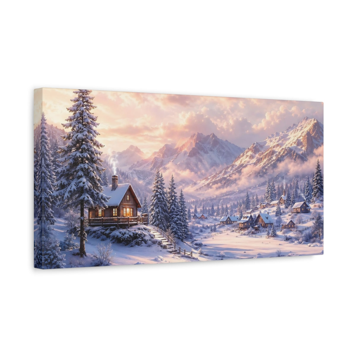 Side Mockup 3. Nature Winter Village Pink And White Winter shown as stretched canvas wall art