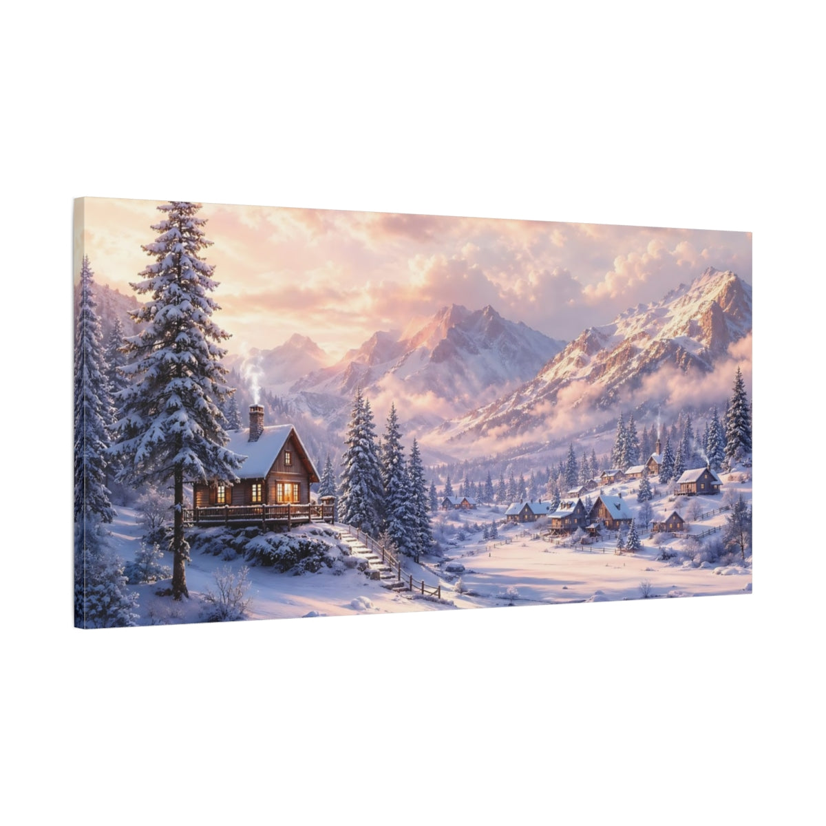 Main Mockup. Nature Winter Village Pink And White Winter shown as stretched canvas wall art