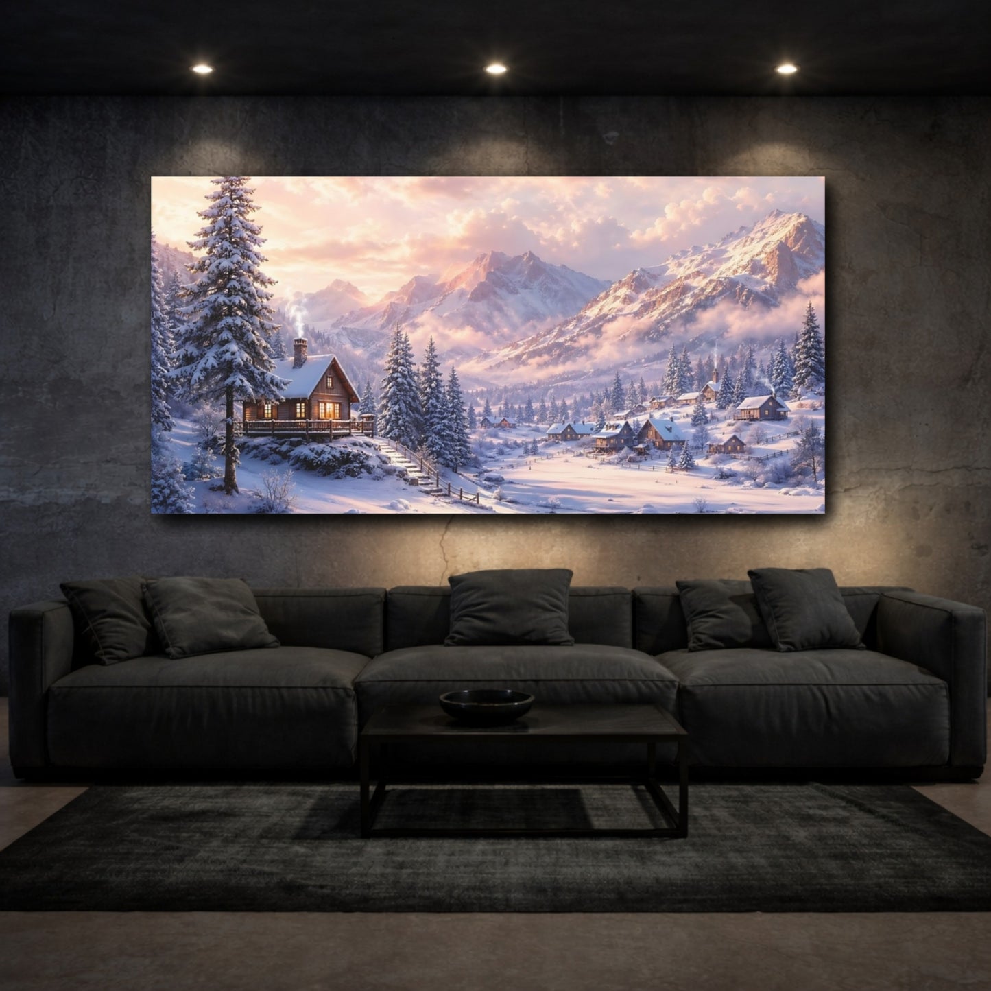Mockup 2. Nature Winter Village Pink And White Winter shown as stretched canvas wall art