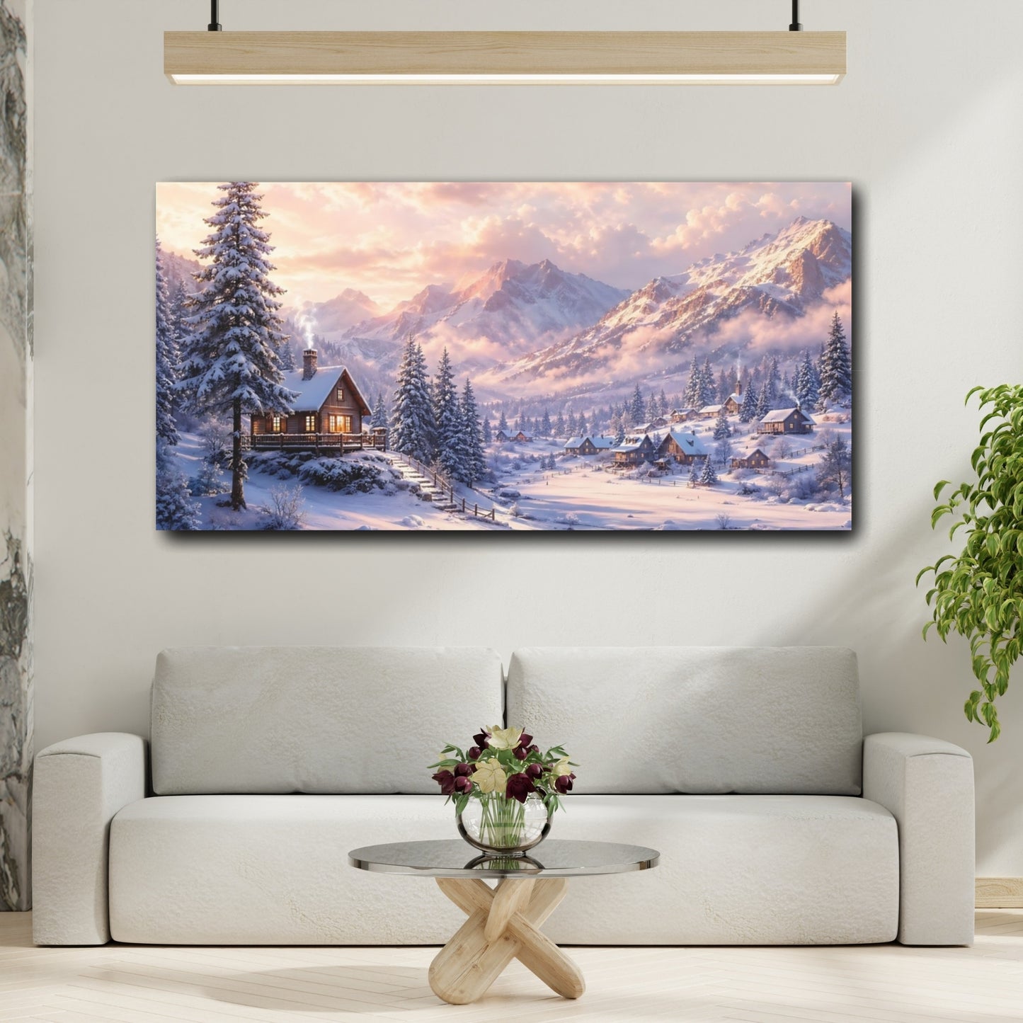 Mockup 3. Nature Winter Village Pink And White Winter shown as stretched canvas wall art