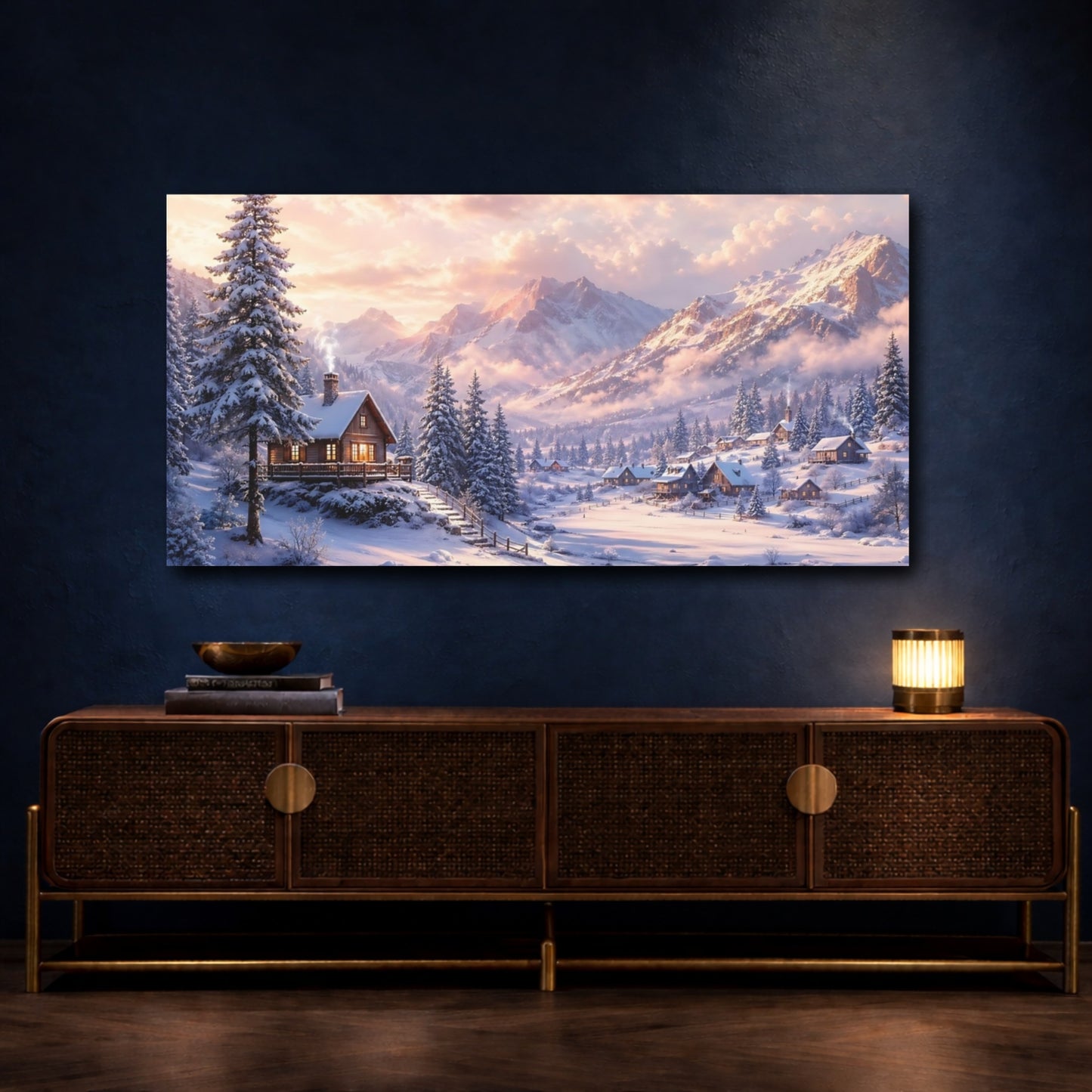 Mockup 4. Nature Winter Village Pink And White Winter shown as stretched canvas wall art