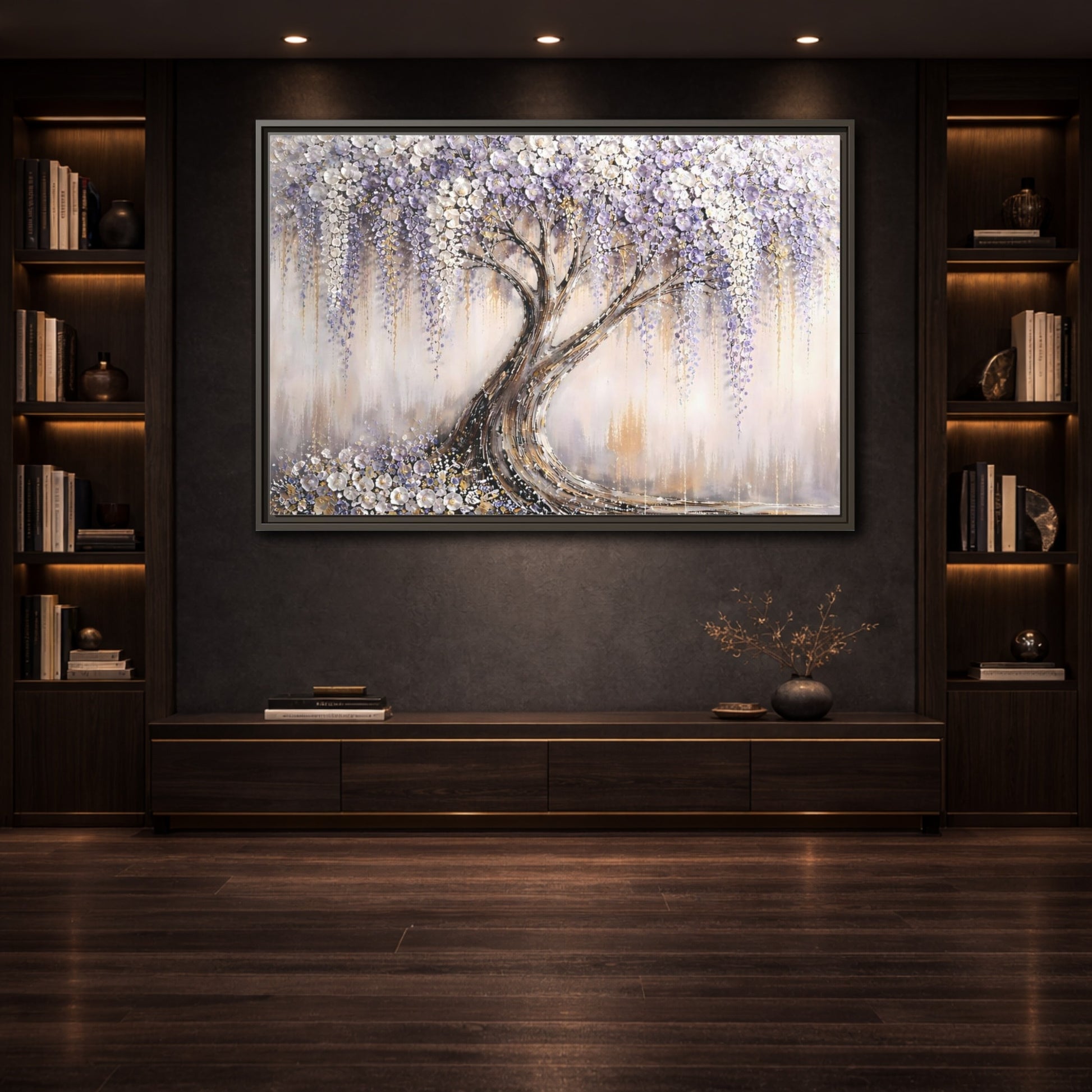 Mockup 3. Nature Wisteria Tree Purple Flowering Tree shown as stretched canvas wall art