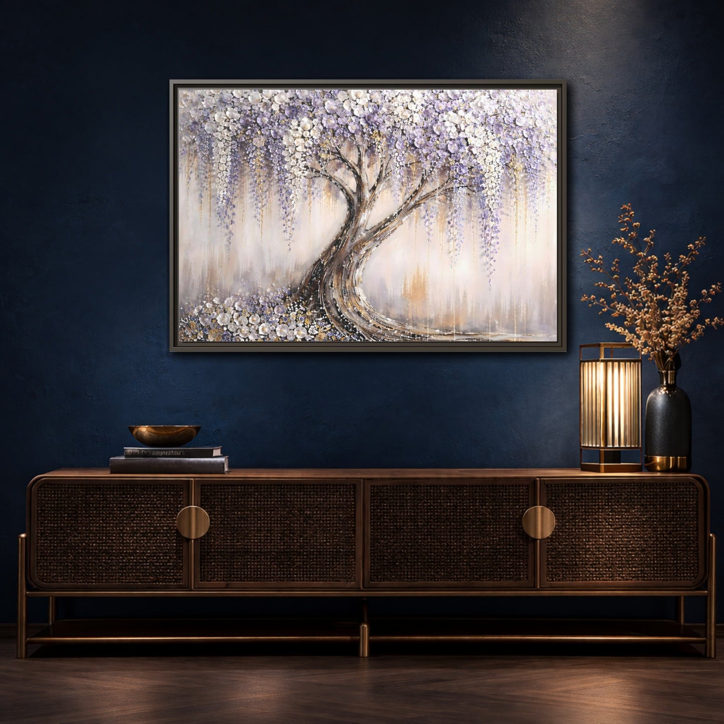 Mockup 4. Nature Wisteria Tree Purple Flowering Tree shown as stretched canvas wall art
