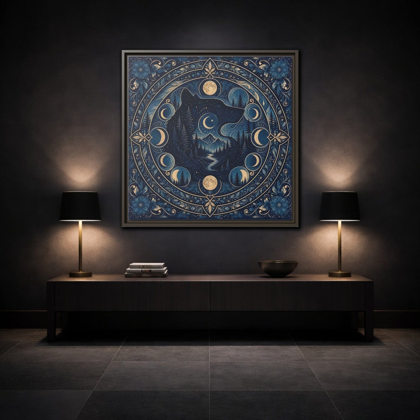 Nature Wolf Blue Moon Framed Canvas Print – Living Room, Above Couch - YesArtYes