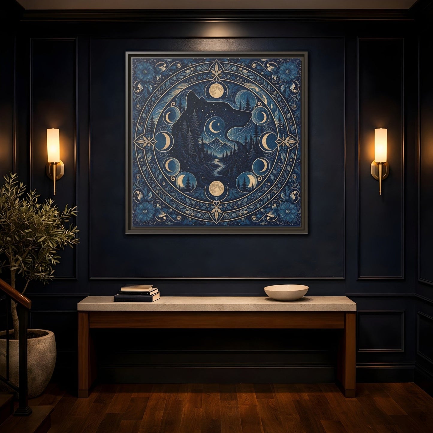 Nature Wolf Blue Moon Framed Canvas Print – Living Room, Above Couch - YesArtYes