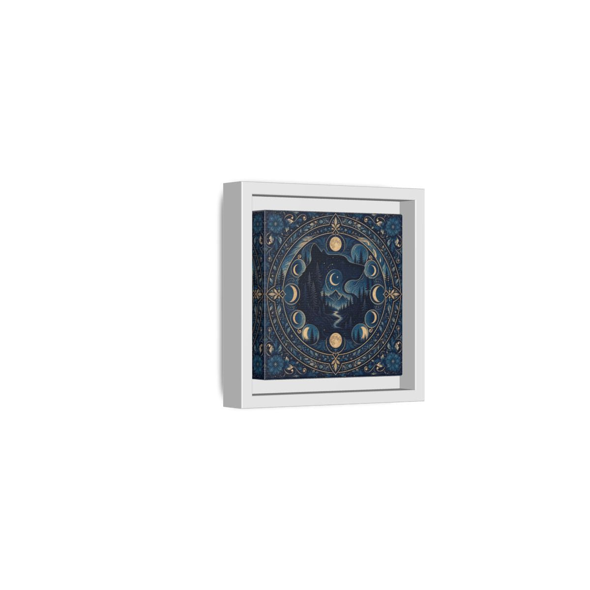 Side Mockup 22. Nature Wolf Blue Wolf Moon shown as framed canvas print
