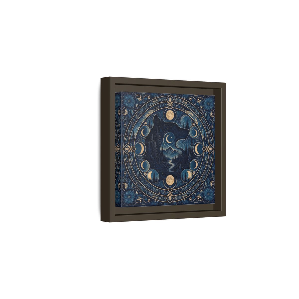 Side Mockup 2. Nature Wolf Blue Wolf Moon shown as framed canvas print