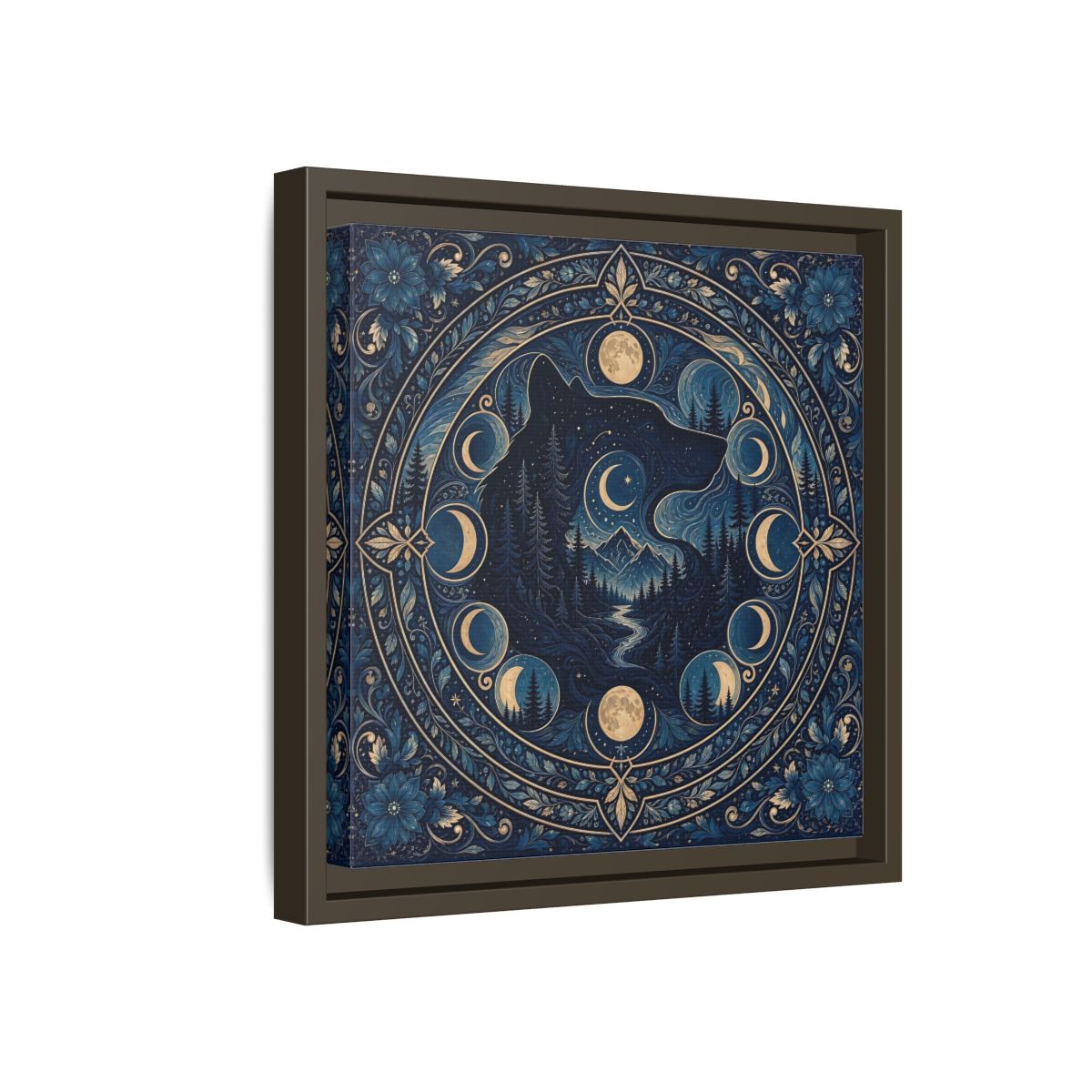 Side Mockup 17. Nature Wolf Blue Wolf Moon shown as framed canvas print