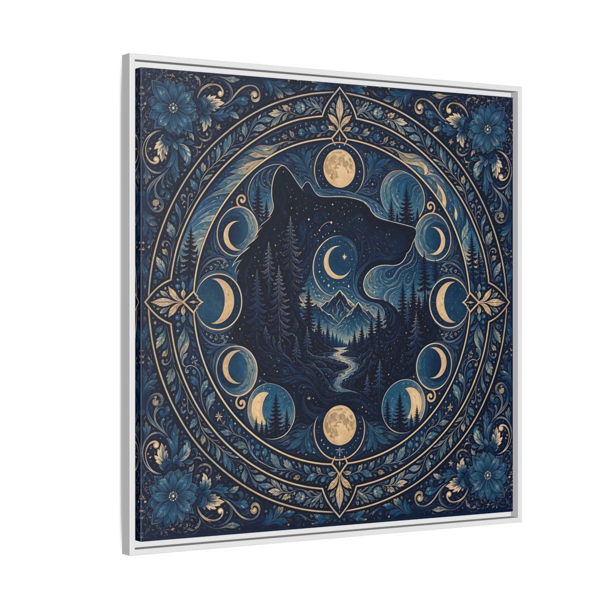 Side Mockup 4. Nature Wolf Blue Wolf Moon shown as framed canvas print