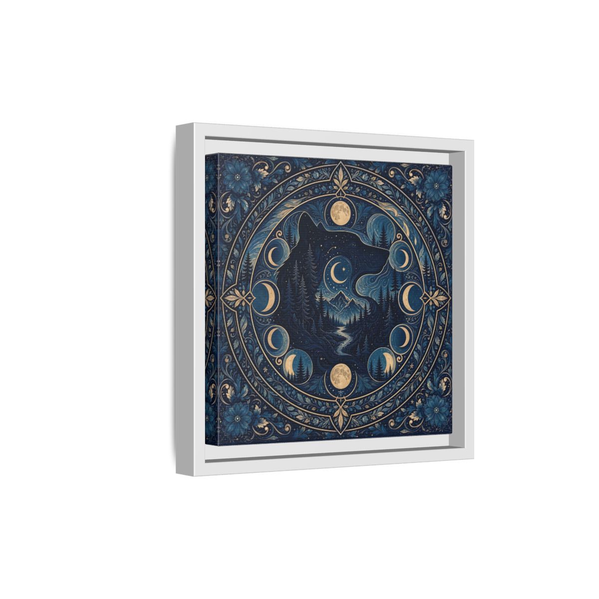 Side Mockup 19. Nature Wolf Blue Wolf Moon shown as framed canvas print