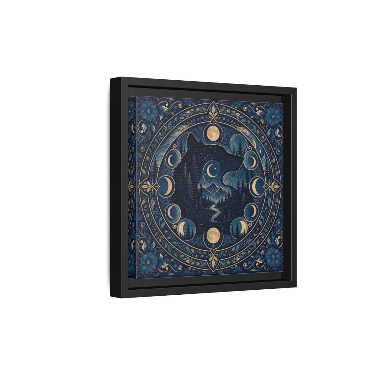Side Mockup 21. Nature Wolf Blue Wolf Moon shown as framed canvas print