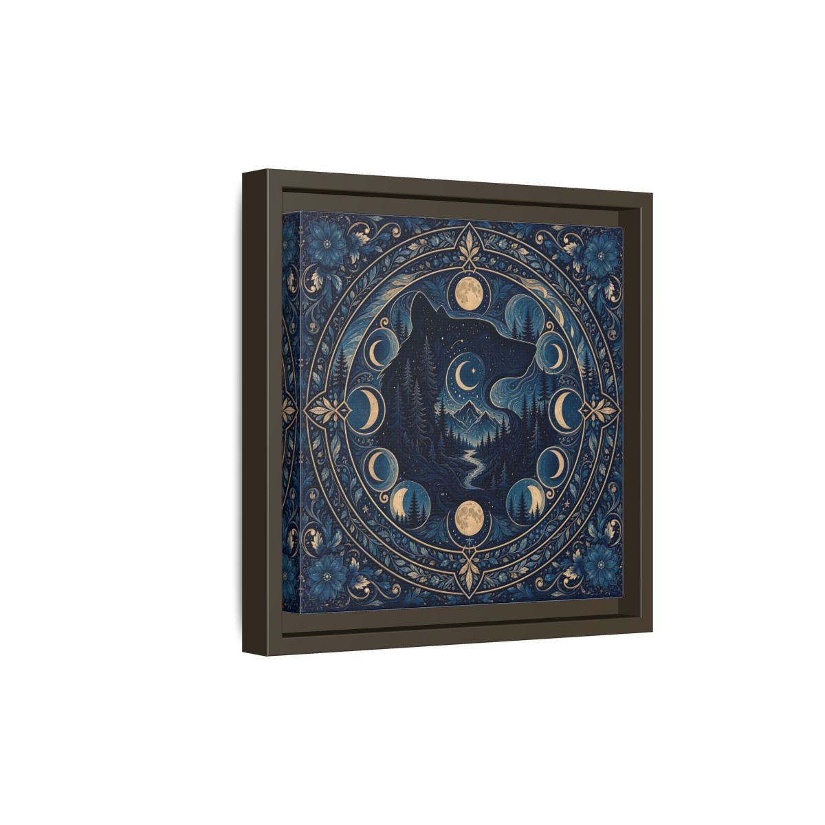 Side Mockup 20. Nature Wolf Blue Wolf Moon shown as framed canvas print