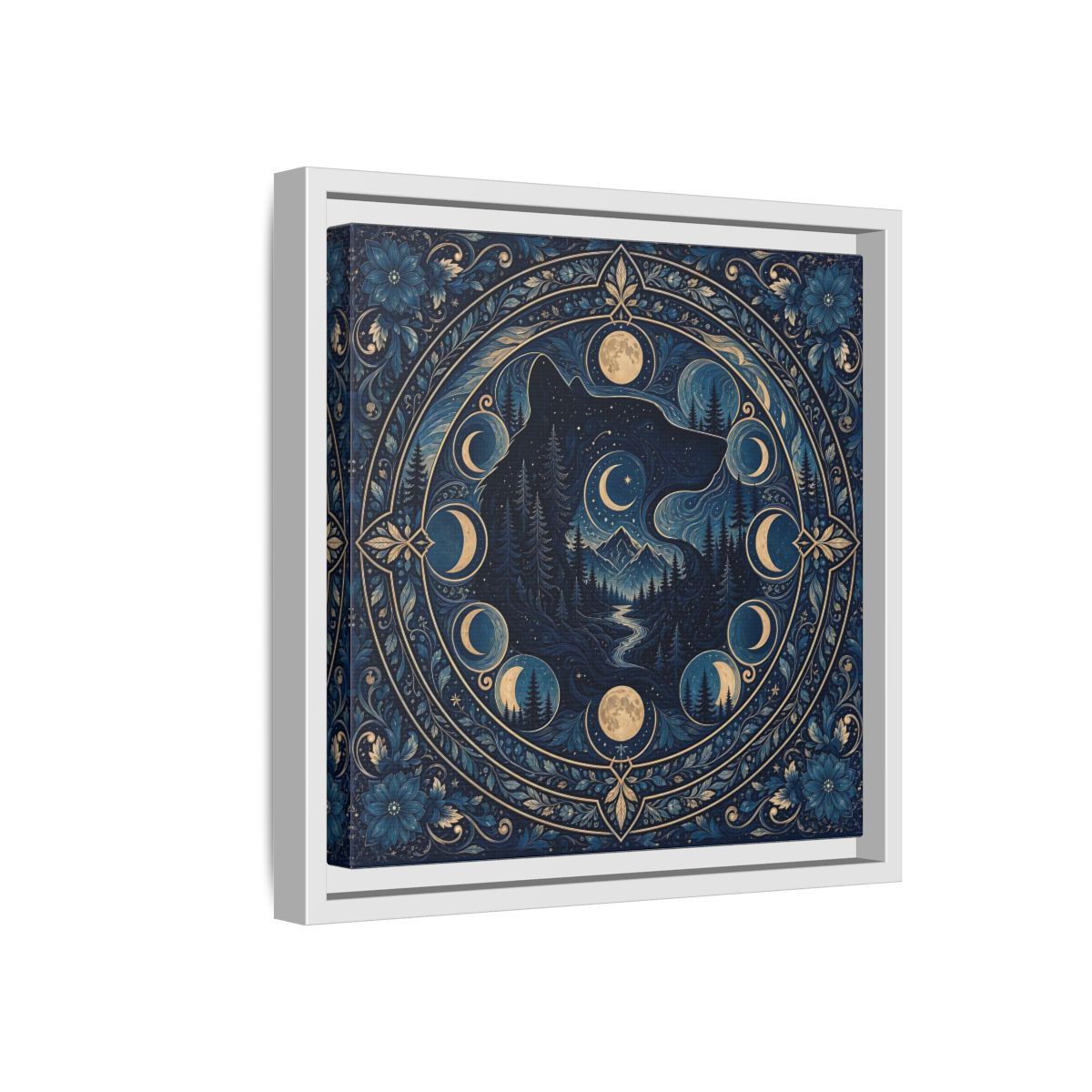 Side Mockup 16. Nature Wolf Blue Wolf Moon shown as framed canvas print