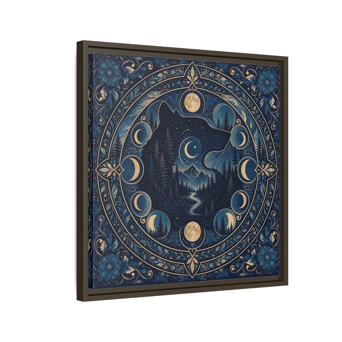 Side Mockup 11. Nature Wolf Blue Wolf Moon shown as framed canvas print
