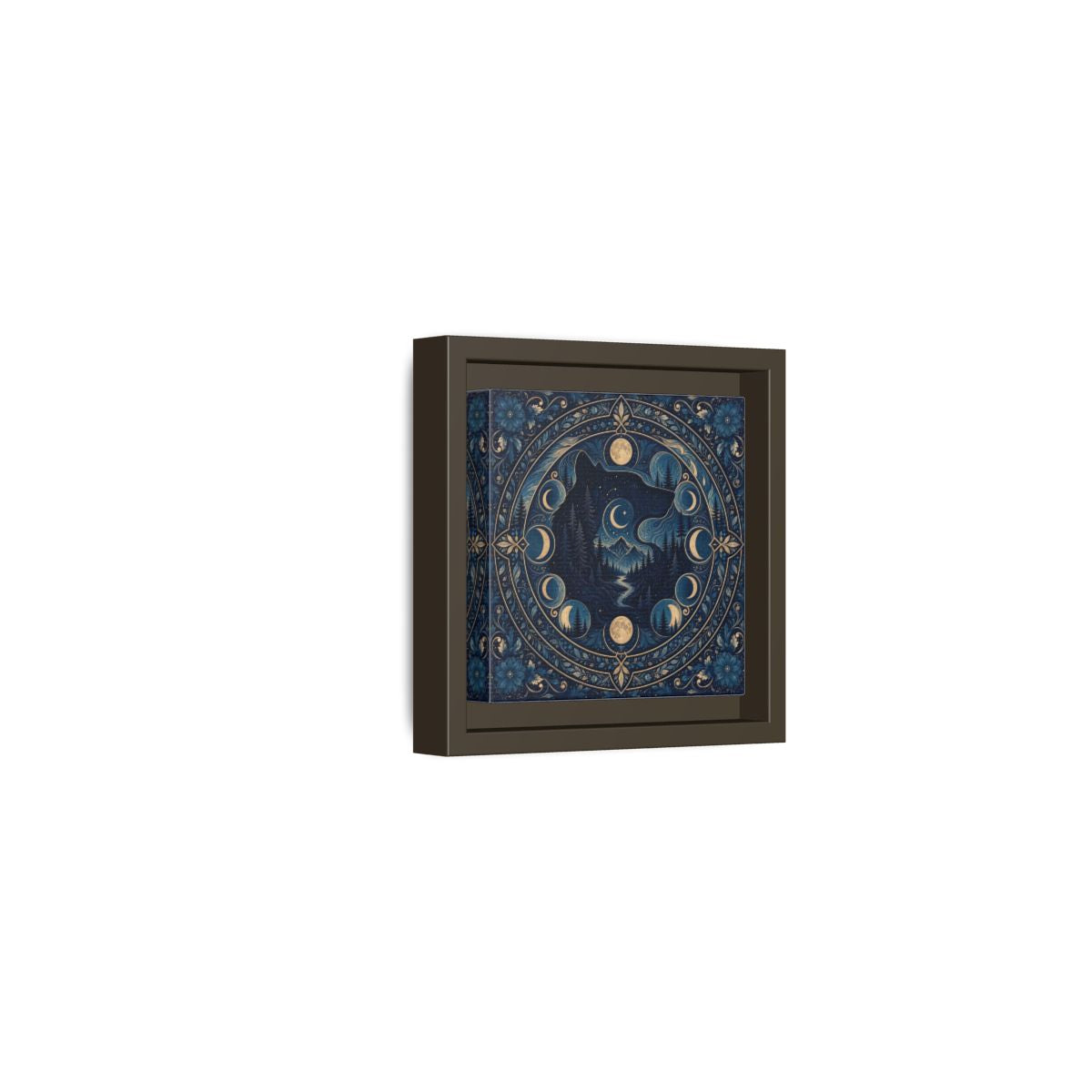 Side Mockup 23. Nature Wolf Blue Wolf Moon shown as framed canvas print