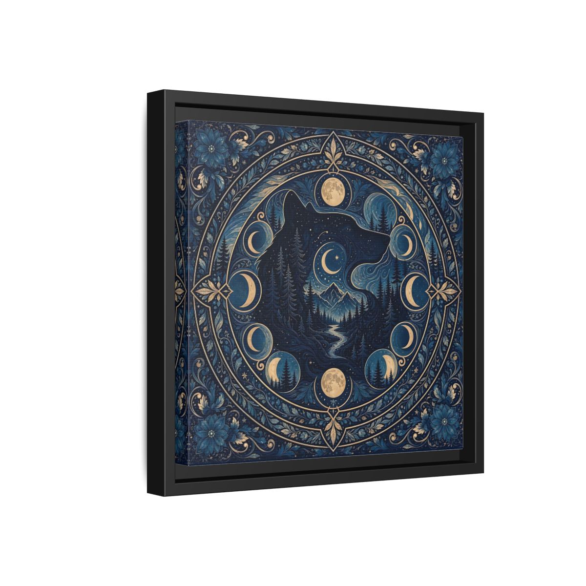 Side Mockup 18. Nature Wolf Blue Wolf Moon shown as framed canvas print