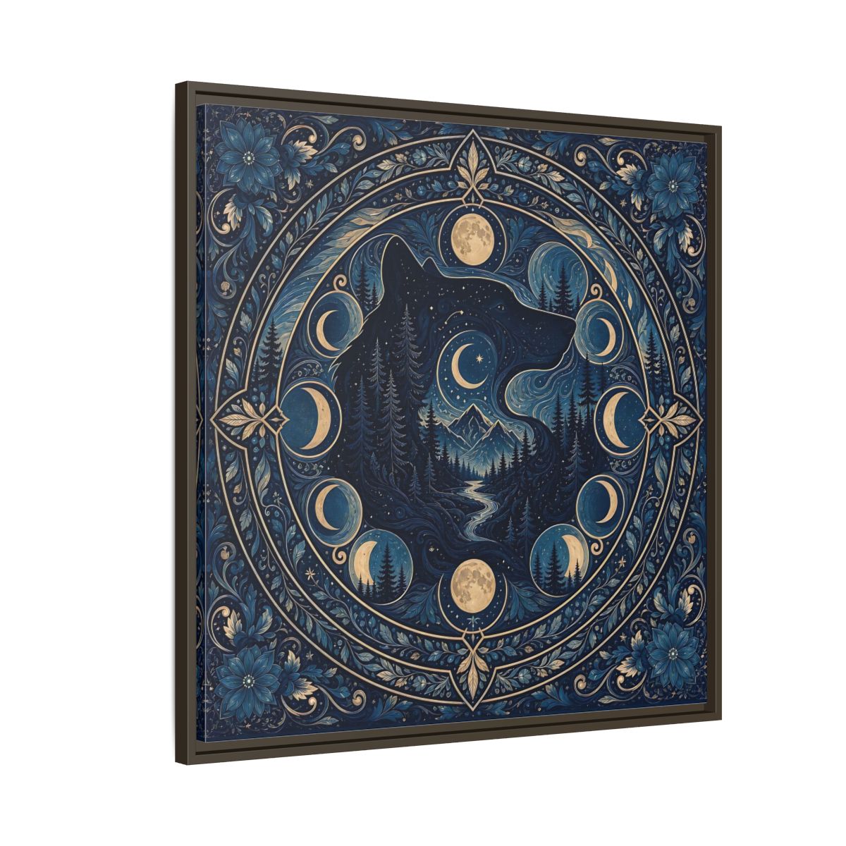 Side Mockup 8. Nature Wolf Blue Wolf Moon shown as framed canvas print