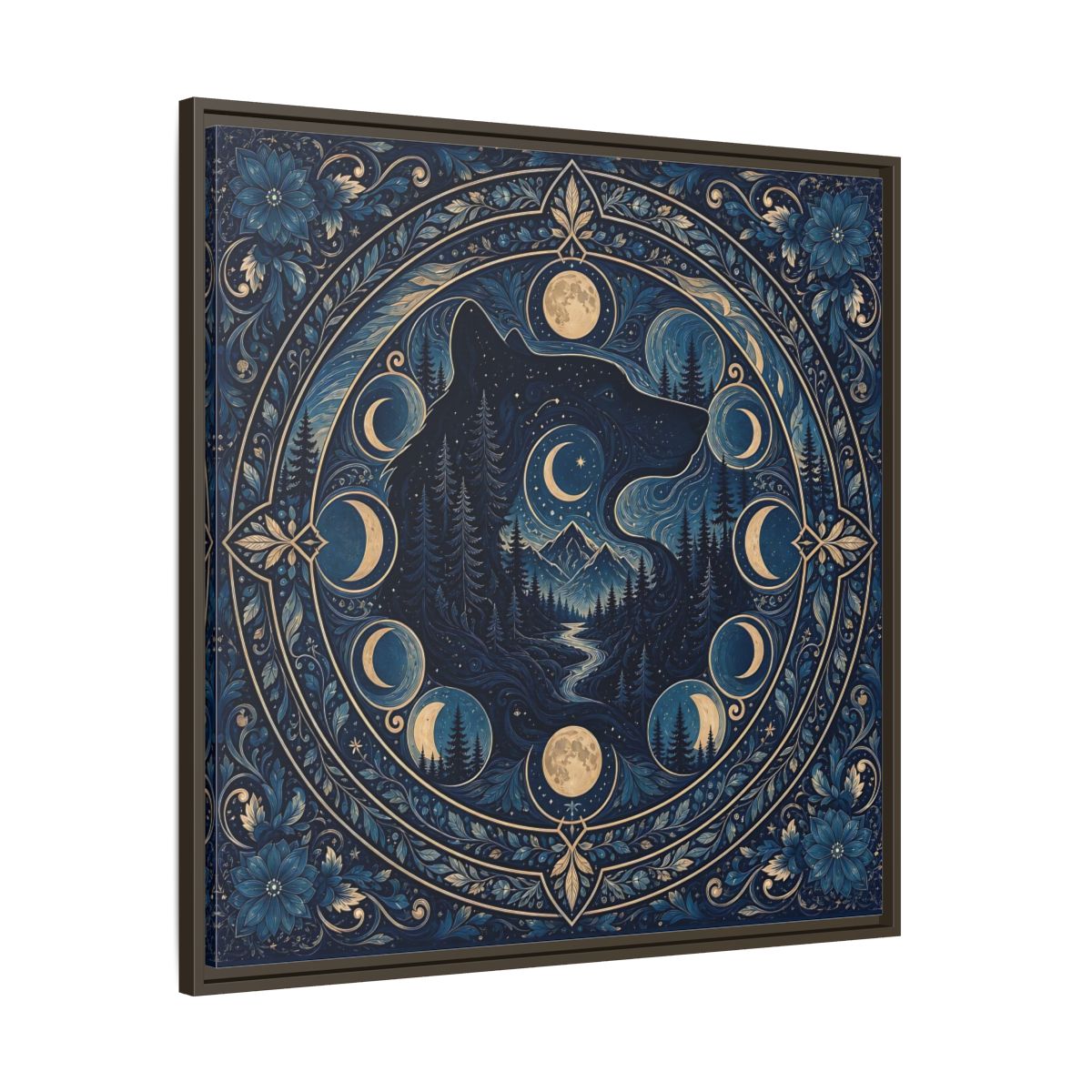 Main Mockup. Nature Wolf Blue Wolf Moon shown as framed canvas print