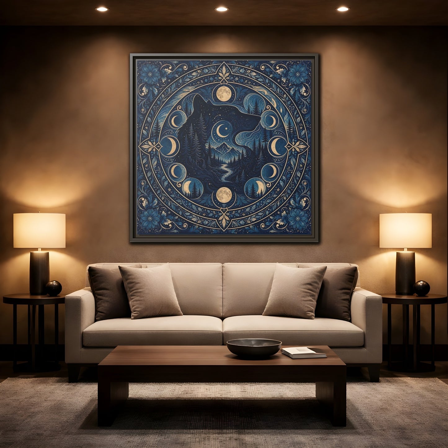 Mockup 2. Nature Wolf Blue Wolf Moon shown as framed canvas print