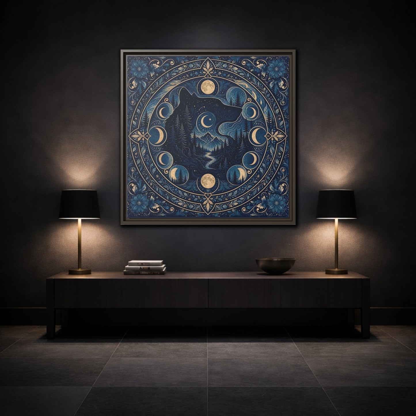 Mockup 3. Nature Wolf Blue Wolf Moon shown as framed canvas print