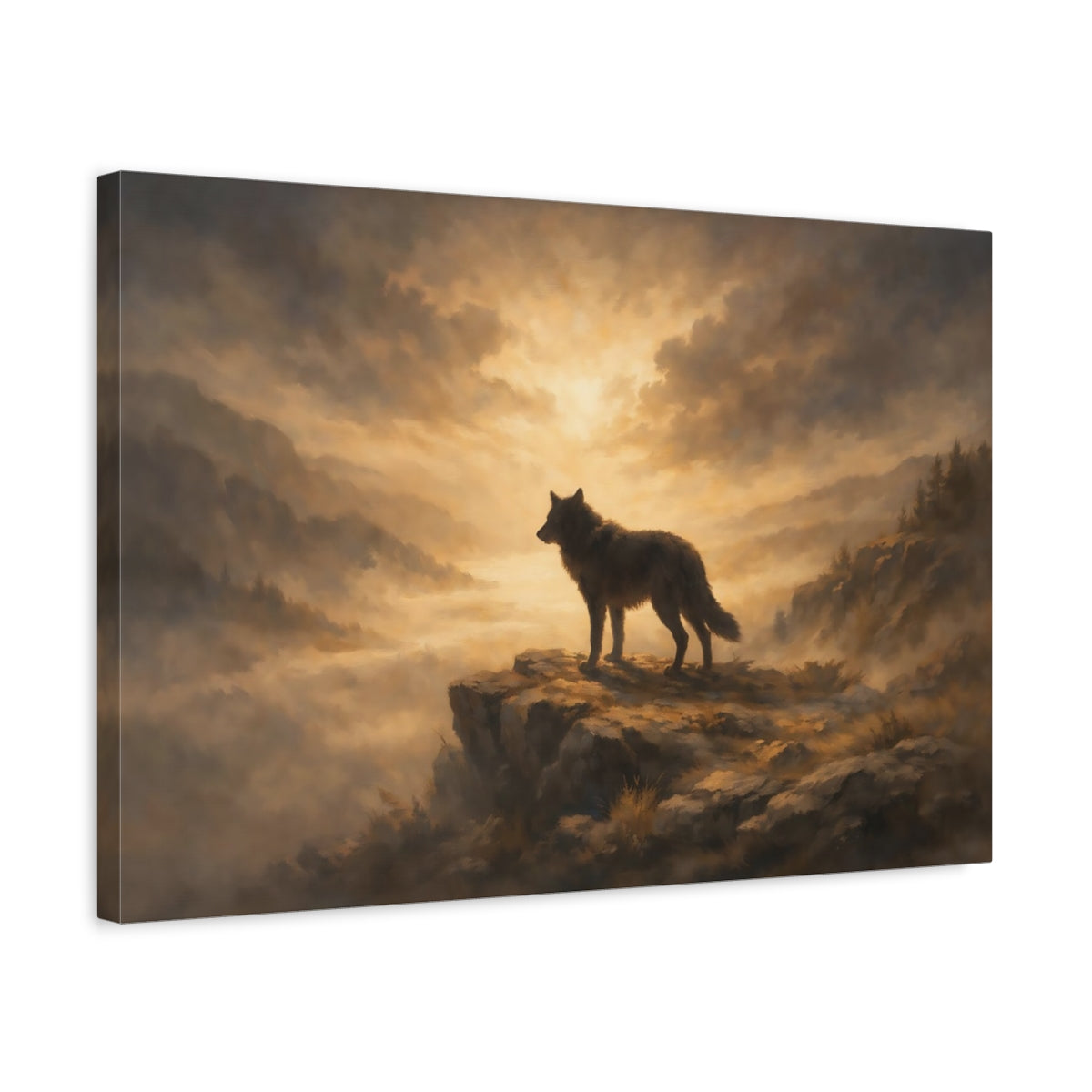 Side Mockup 3. Nature Wolf Golden Brown Wolf shown as stretched canvas wall art