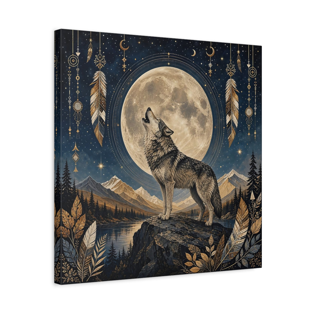 Side Mockup 5. Nature Wolf Wolf Moon shown as stretched canvas wall art