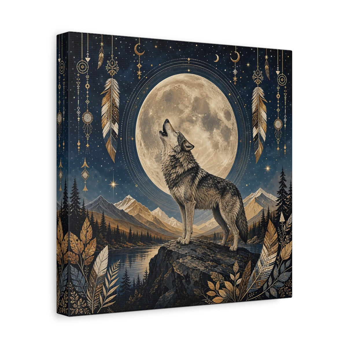 Side Mockup 8. Nature Wolf Wolf Moon shown as stretched canvas wall art